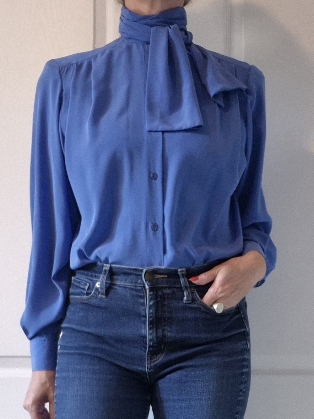 Blue Tie-Neck Blouse - Women's Long Sleeve Top